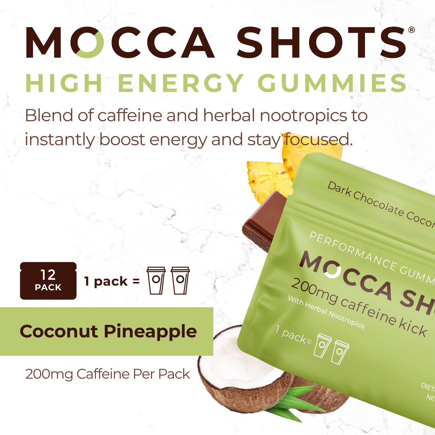 Mocca Shots Energy Gummies with Caffeine Coconut Pineapple 12-Pack